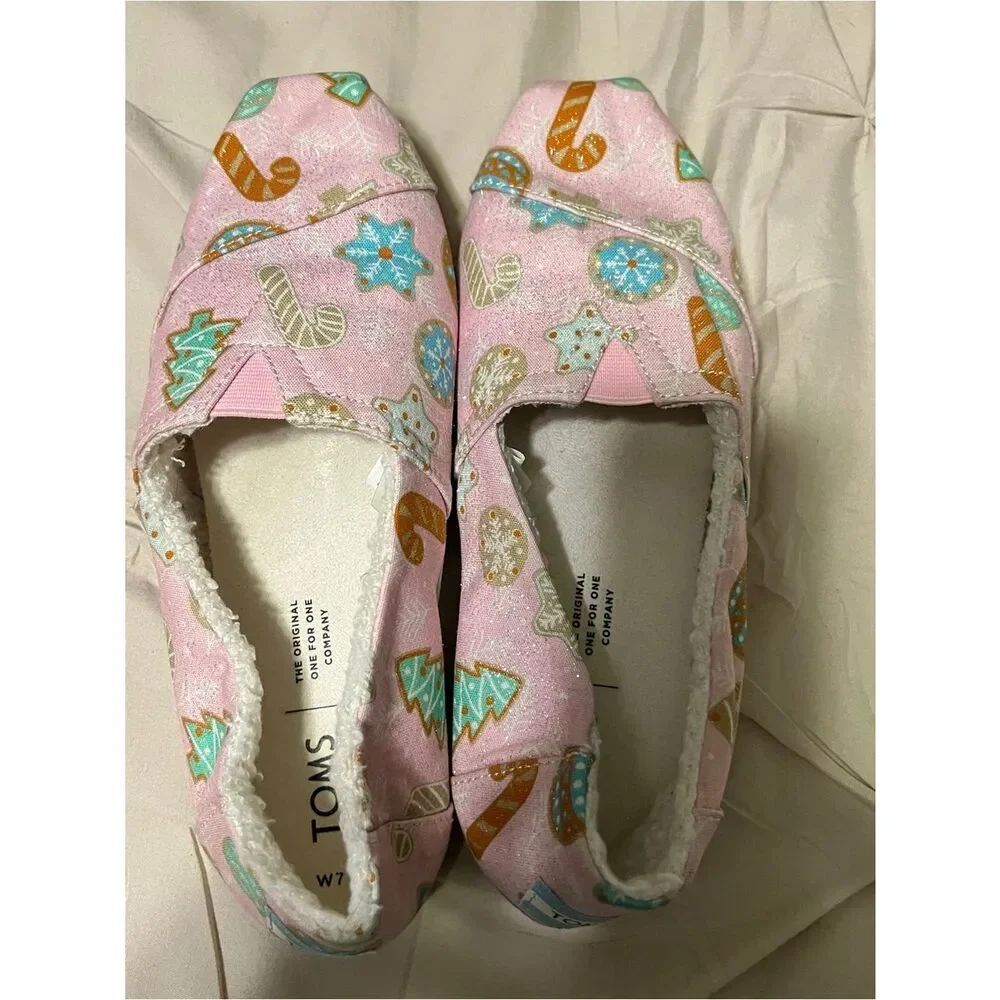 TOMS Pink Holiday Cookie Print Slip-Ons